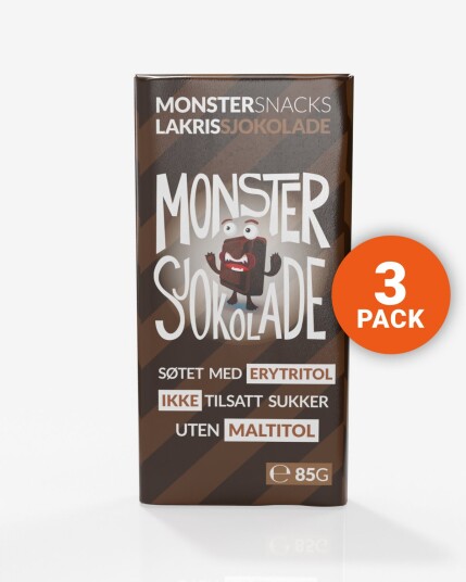 Monster Lavkarbo Belgisk Melkesjokolade m/Lakrisrot – UTEN MALTITOL 3x85g Monster Lavkarbo Belgisk Melkesjokolade m/Lakrisrot – UTEN MALTITOL 3x85g