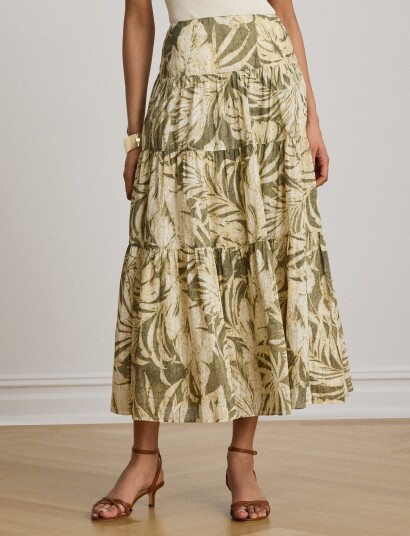 Lauren Ralph Lauren Palm Frond Print Voile Tiered Skirt Khaki green 32