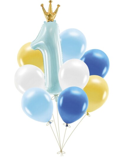 Partydeco First Birthday Ballongbukett med Folie 1 tall og 6 Lateksballonger Gutt