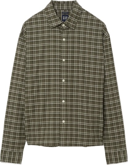 GAP Relaxed Crop Straight Hem Oxford Shirt OLIVE PLAID XL