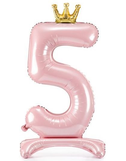 Partydeco Lys Rosa Stående '5' Folieballong med Krone 84 cm