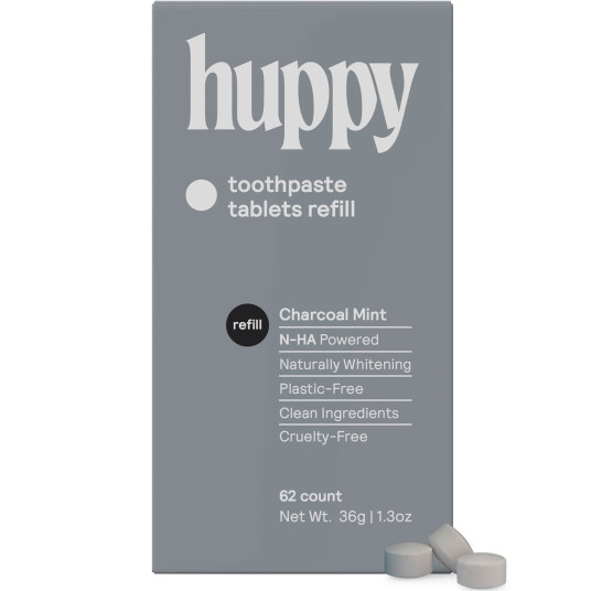 Naturlig Xylitol tannkremtabletter HUPPY Hydroxyapatite Charcoal Refill 62 stk.