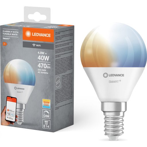 Ledvance Smart+ Led-Lyspære Form: P46 E14 4.9 W Ekvivalent 40 Klasse F Avstembar Hvit 2700-6500 K Ledvance Smart+ Led-Lyspære Form: P46 E14 4.9 W Ekvivalent 40 Klasse F Avstembar Hvit 2700-6500 K