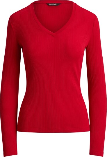 Lauren Ralph Lauren Rib Knit Long Sleeve V Neck Top RALPH RED XS