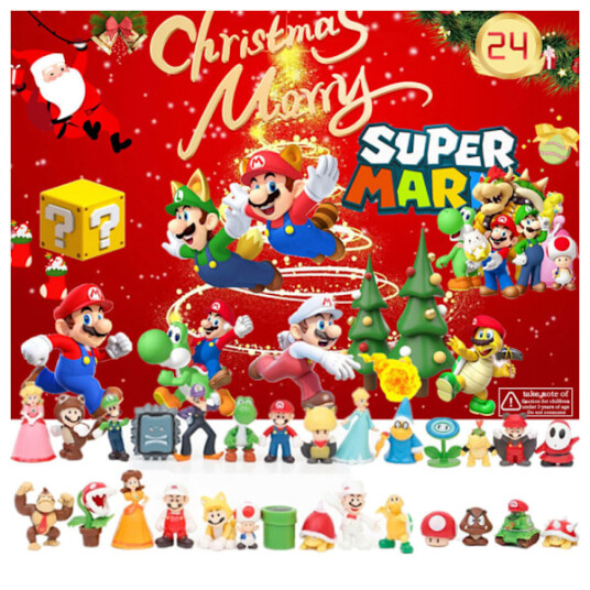 Super Mario Barnas Julekalender 2024, 24 overraskende julegaver med fargerike Mario-leker A