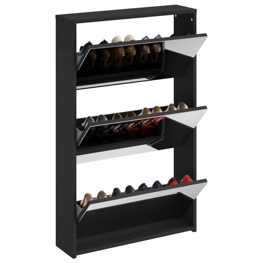 vidaXL Skoskap med speil 3 lag svart 63x17x102,5 cm