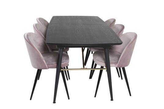 Venture Design Black Veneer & Velvet spisegruppe Svart/svart 6 st stoler & bord 180 x 85 cm