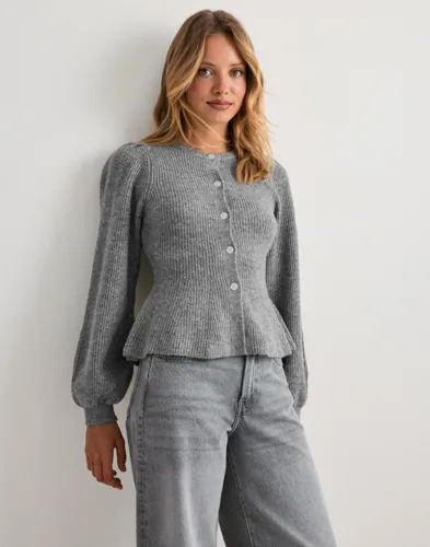 Pieces Grå Pcsilly Ls Puff Knit Cardigan Noos