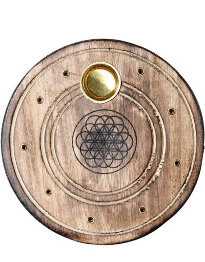 Rund Røkelsesholder i Mangotre med Flower of Life Motiv 10 cm