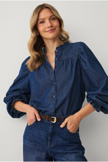 Ellos Collection Denimbluse med volanger Blå