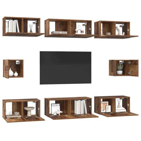  TV benk sett Veggmontert 8 pcs Gammelt tre Konstruert tre