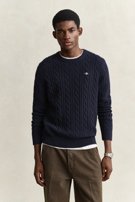 Gant Lammull Kabel Genser med Rund Hals - Evening Blue - S