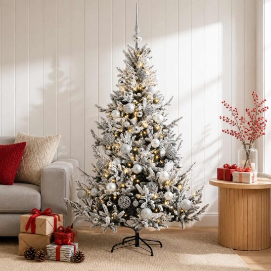 vidaXL Kunstig juletre med julekuler 150 cm 150 LED-lys Varmhvit