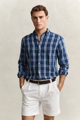 GANT Reg Cotton Linen Indigo Chk Shirt   Navy   M