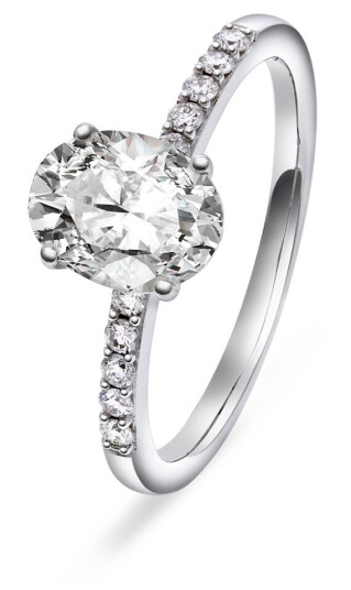 Julie by Gullfunn, Diamantring i 375 hvitt gull med diamanter 0,12 ct og moissanite sten