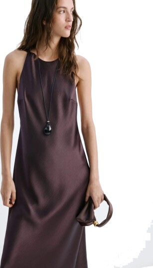 Mango Back Detail Satin Dress Brown L Mango Back Detail Satin Dress Brown L