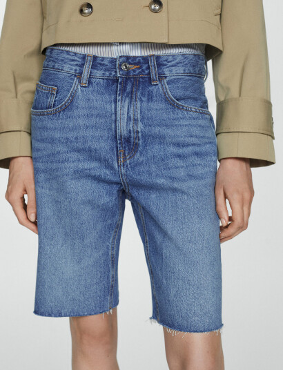 Mango Denim Bermuda Shorts With Frayed Hem - Blue - 34 Mango Denim Bermuda Shorts With Frayed Hem - Blue - 34