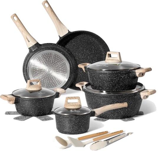 15 delers granitt kokekarsett – non stick induksjonsklar