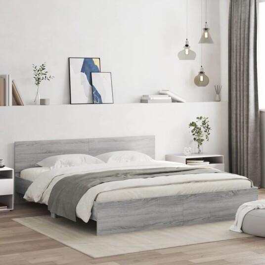 vidaXL Sengeramme med hodegavl og LED grå sonoma 180x200 cm 8721012248106