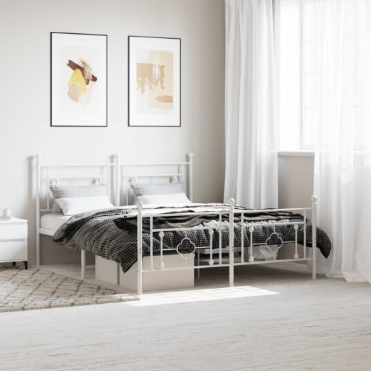 vidaXL Sengeramme i metall med hode- og fotgavl hvit 150x200 cm 8721012249417
