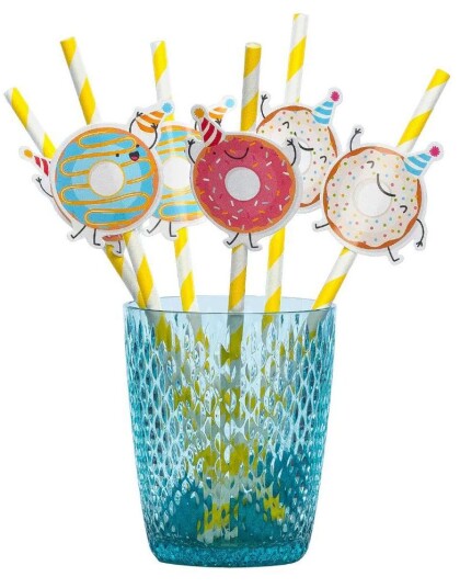 6 stk Gule Stripete Papir Sugerør med Donut Motiv Donut Party