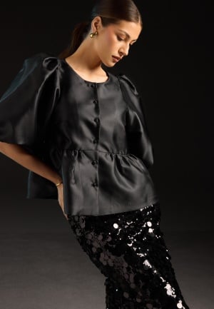 Bubbleroom Occasion Puff Sleeve Peplum Satin Blouse Black L Bubbleroom Occasion Puff Sleeve Peplum Satin Blouse Black L