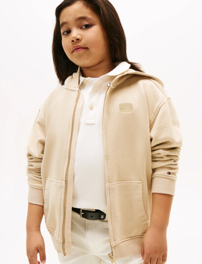 Tommy Hilfiger Tonal Flag Emb Zip Hoodie - Cream - 140 Tommy Hilfiger Tonal Flag Emb Zip Hoodie - Cream - 140