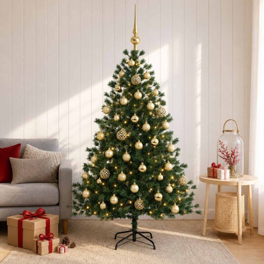 vidaXL Kunstig juletre med julekuler 150 cm 150 LED-lys Varmhvit