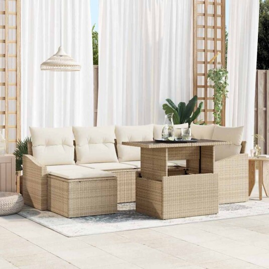 7-delt hagesofa sett med puter i beige poly rattan