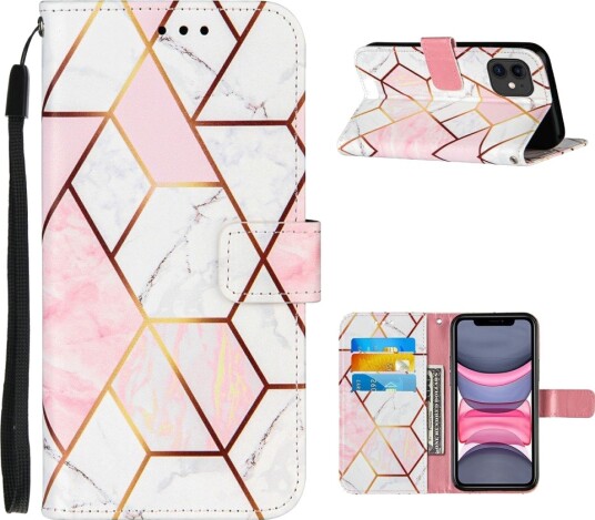 Trolsk Lommebokdeksel Gull og Marmor (iPhone 11) Rosa