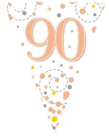 90 års Feiring Hvit og Rosegullfarget Banner med 11 Flagg   3,9 Meter