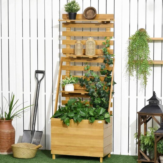 Brun blomsterkasse med espalier for klatreplanter