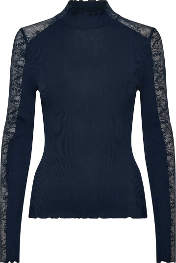 Rosemunde Rwbeatha Silk Ls Half Lace T Neck T Shirt Navy M