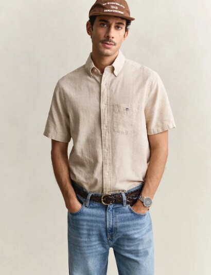 GANT Reg Cotton Linen Ss Shirt Beige S