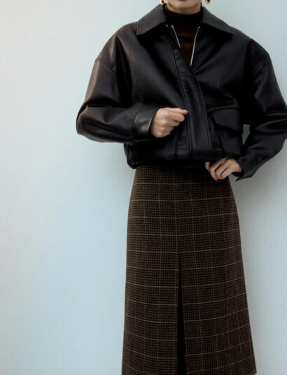 Mango Wool Blend Check Midi Skirt Brown 34