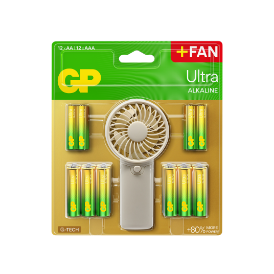GP Håndvifte + Ultra Alkaline 12xAA + 12xAAA batterier