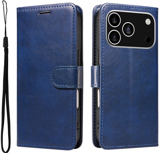 EIDERWOOD iPhone 17 Pro Deksel i Kunstskinn med Lommebok & Stropp - Blå
