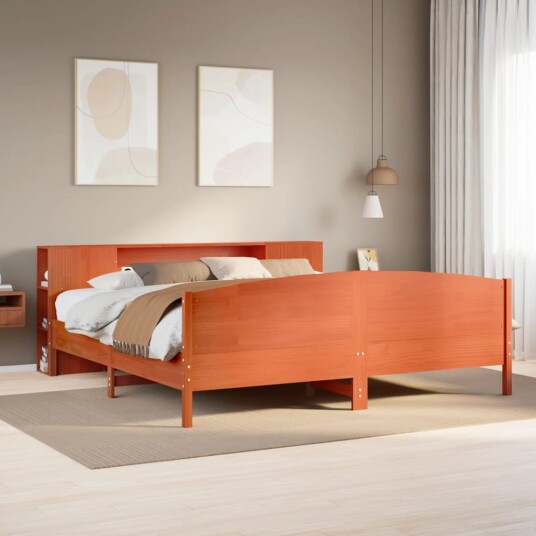  Seng med bokhylle uten madrass voksbrun 200x200 cm heltre furu 8721158618429