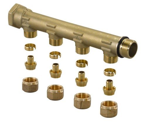 Uponor samlestokk 3/4" med fast muffe - 4 kurser 15 mm