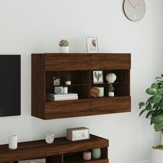vidaXL Vegghengt TV-benk med LED-lys brun eik 98,5x30x60,5 cm 8721012256965