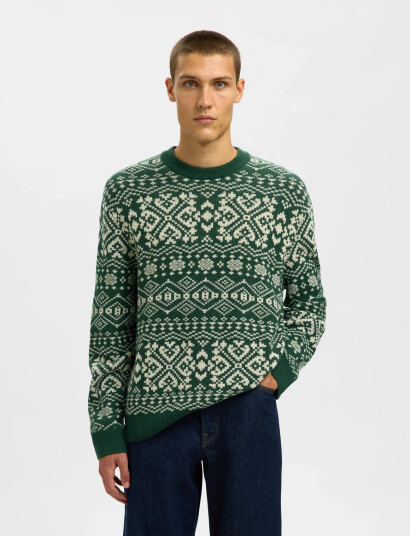 Selected Slhholger Ls Knit Jaquard Crew Neck - Green - XL
