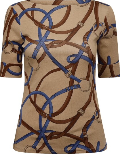 Lauren Ralph Lauren Belting Print Cotton Boatneck Tee Beige S