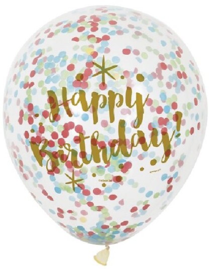 6 stk 30 cm Gullfarget Happy Birthday Konfettiballonger 6 stk 30 cm Gullfarget Happy Birthday Konfettiballonger