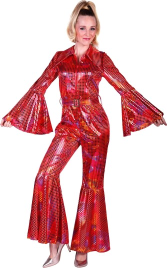 Disco Jumpsuit Rød Fargeskimrende Kostyme - X-Large