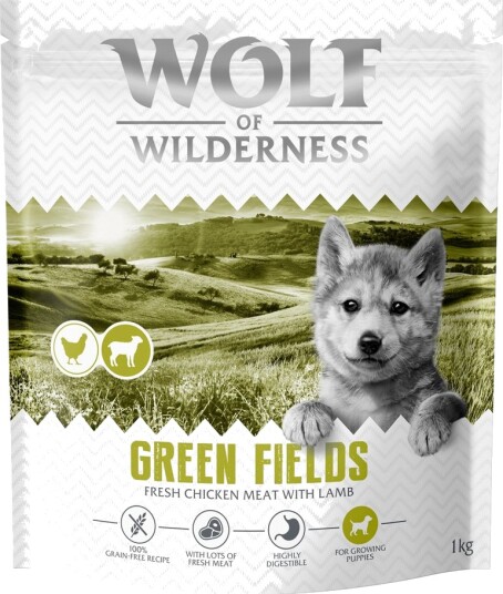 Wolf Of Wilderness Tørrfôr Junior Green Fields Kornfri Sparepakke Ny Oppskrift Lam 4 X 1 kg