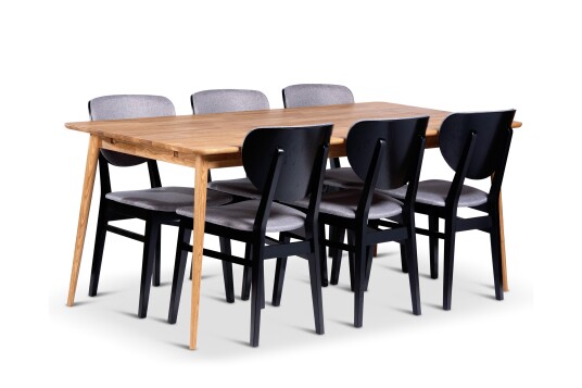 Alborg Spisegruppe 180 cm med 6 Borgholm Stoler i heltre Brun/Svart/Natur