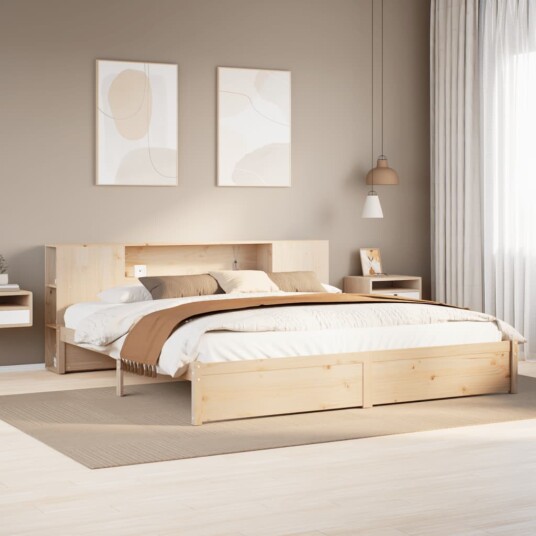 Seng med bokhylle uten madrass 200x200 cm heltre furu 8721158611543