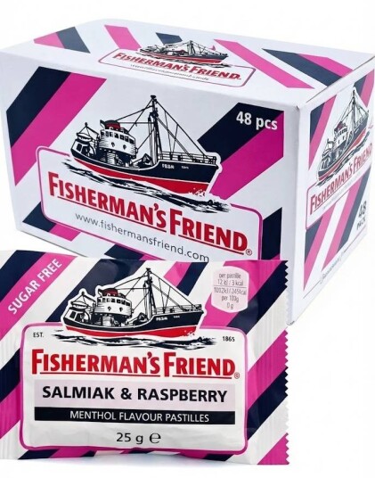 48 stk Sukkerfri Fisherman"s Friend med Smak av Bringebær Salmiak og Mentol   Hel Eske 1,2 kg