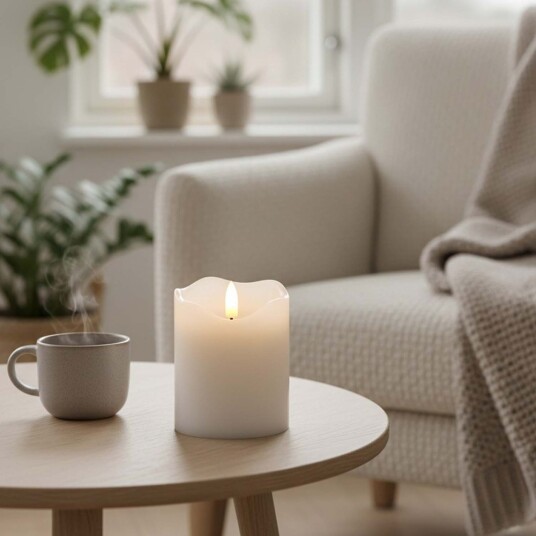 LED Blokklys 10cm høy flammeeffekt hvit   Ø7,5cm 10cm høy fungerer med fjernkontroll ekte stearin