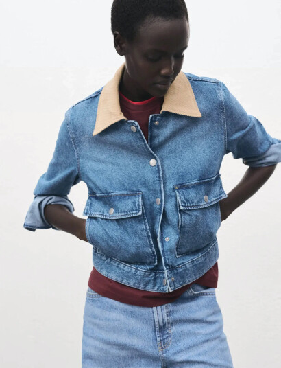 Mango Corduroy Collar Denim Jacket - Blue - XS